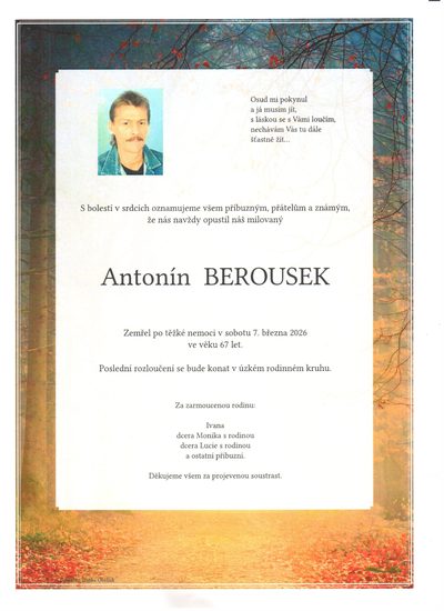 Smuteční oznámení – Antonín Berousek