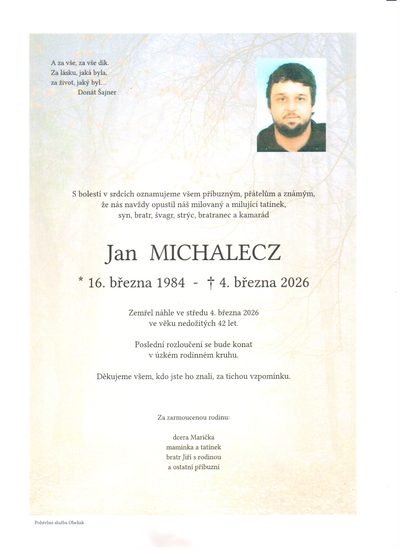Smuteční oznámení – Jan Michalecz