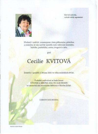 Smuteční oznámení – Cecilie Kvitová