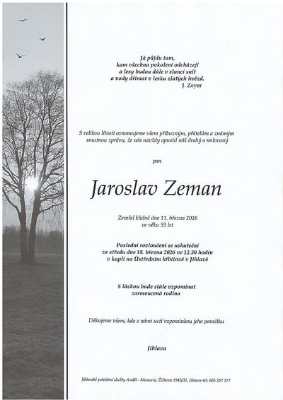Smuteční oznámení – Jaroslav Zeman