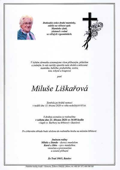 Smuteční oznámení – Miluše Liškařová
