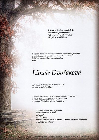 Smuteční oznámení – Libuše Dvořáková
