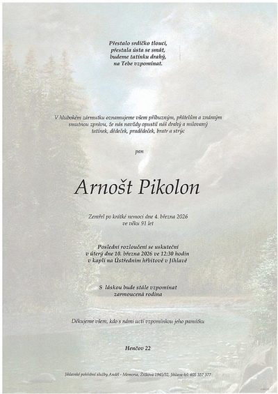 Smuteční oznámení – Arnošt Pikolon