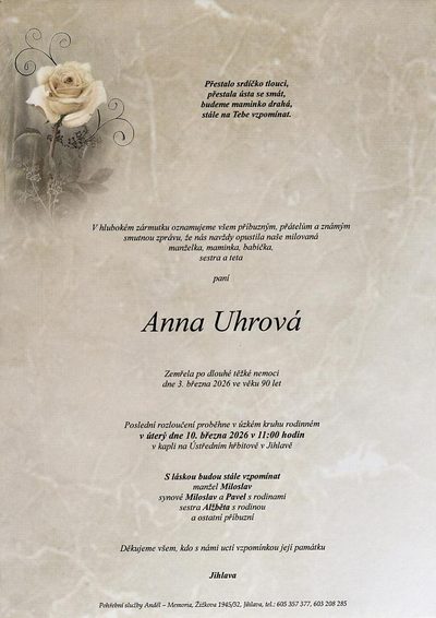 Smuteční oznámení – Anna Uhrová