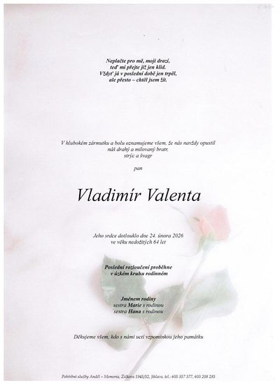 Smuteční oznámení – Vladimír Valenta