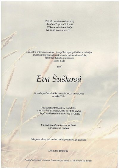 Smuteční oznámení – Eva Šušková
