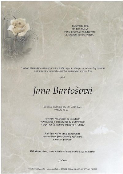 Smuteční oznámení – Jana Bartošová