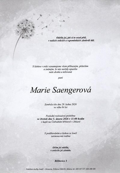 Smuteční oznámení – Marie Saengerová