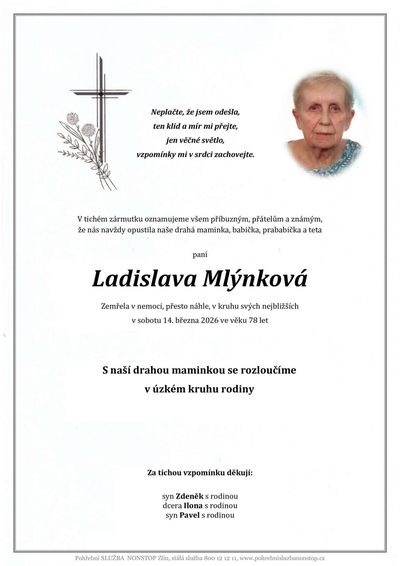 Smuteční oznámení – Ladislava Mlýnková