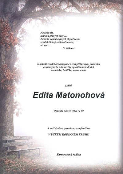 Smuteční oznámení – Edita Matonohová