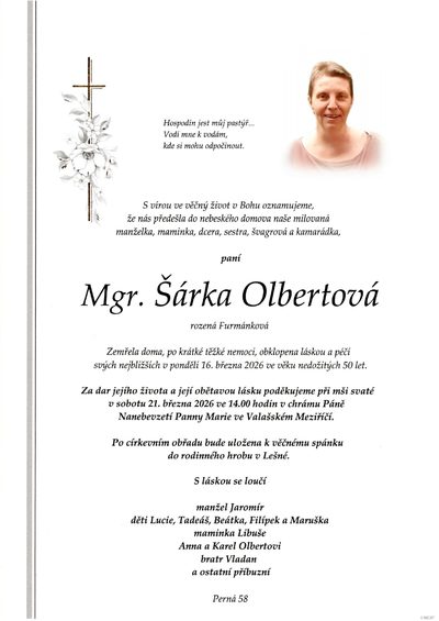 Smuteční oznámení – Šárka Olbertová