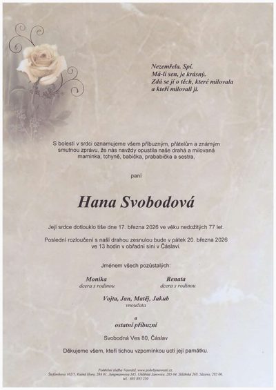 Smuteční oznámení – Hana Svobodová
