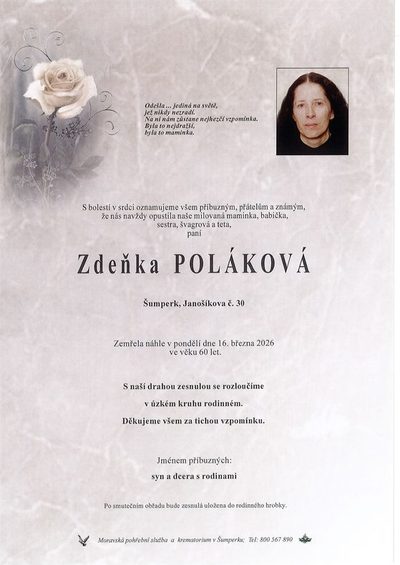 Smuteční oznámení – Zdeňka Poláková