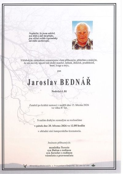 Smuteční oznámení – Jaroslav Bednář