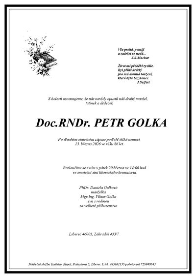 Smuteční oznámení – Petr Golka