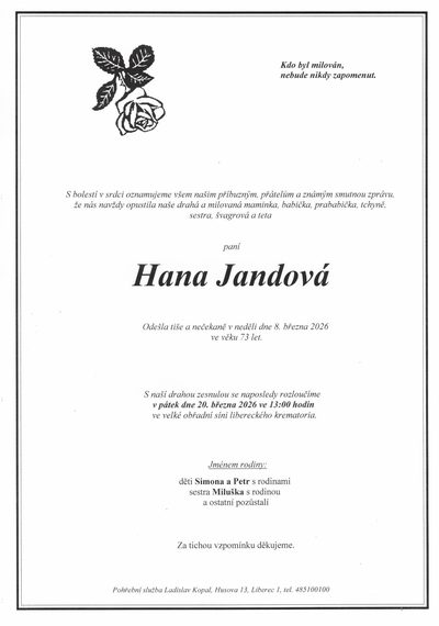 Smuteční oznámení – Hana Jandová