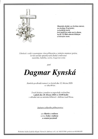 Smuteční oznámení – Dagmar Kynská