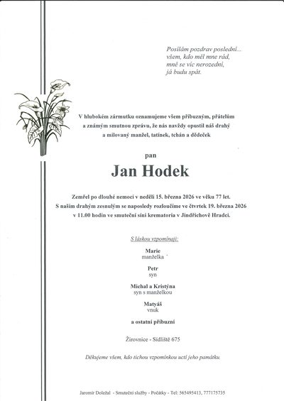 Smuteční oznámení – Jan Hodek