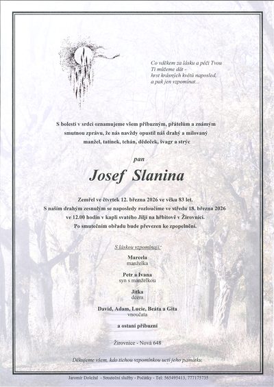 Smuteční oznámení – Josef Slanina