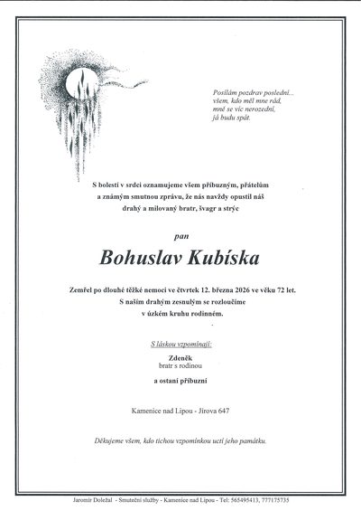 Smuteční oznámení – Bohuslav Kubíska