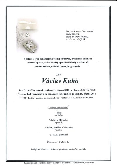 Smuteční oznámení – Václav Kubů