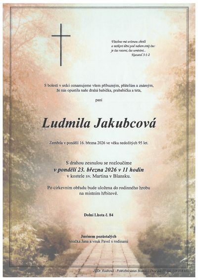 Smuteční oznámení – Ludmila Jakubcová