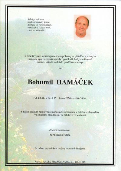 Smuteční oznámení – Bohumil Hamáček