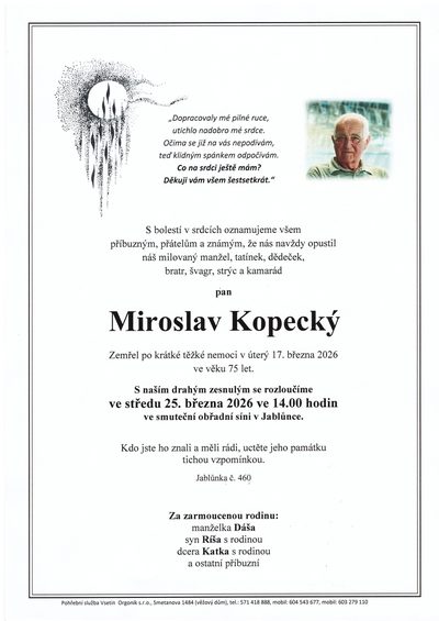 Smuteční oznámení – Miroslav Kopecký