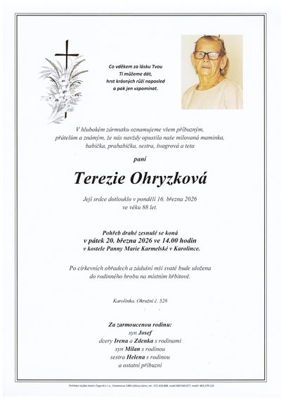 Smuteční oznámení – Terezie Ohryzková