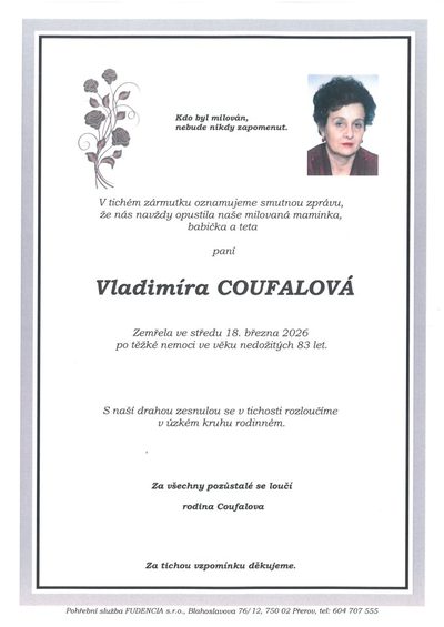 Smuteční oznámení – Vladimíra Coufalová