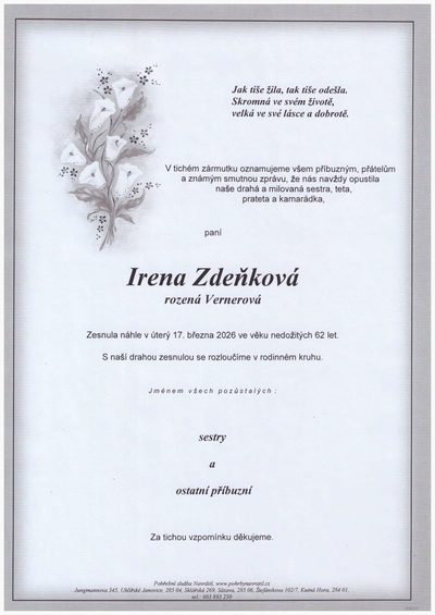 Smuteční oznámení – Irena Zdeňková
