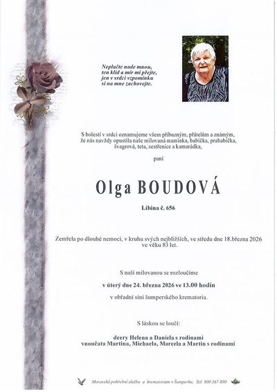 Smuteční oznámení – Olga Boudová