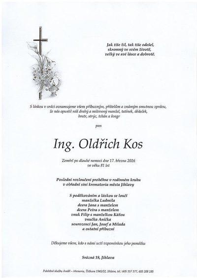 Smuteční oznámení – Oldřich Kos