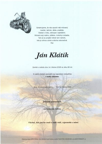 Smuteční oznámení – Ján Klátik
