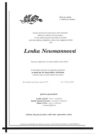 Smuteční oznámení – Lenka Neumannová