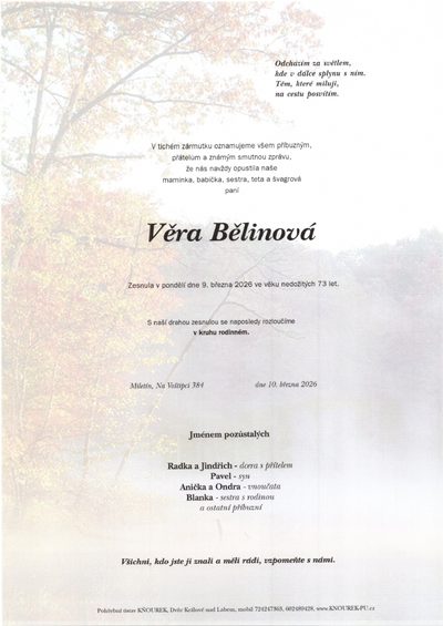 Smuteční oznámení – Věra Bělinová