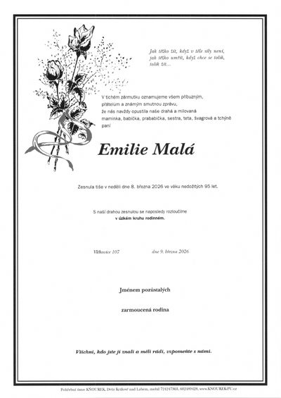 Smuteční oznámení – Emilie Malá