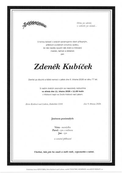 Smuteční oznámení – Zdeněk Kubíček