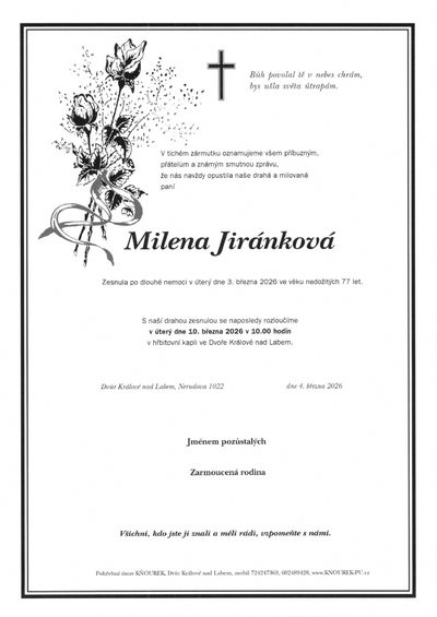Smuteční oznámení – Milena Jiránková