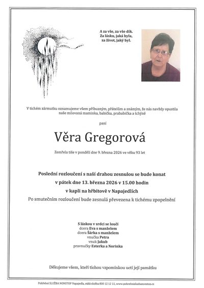 Smuteční oznámení – Věra Gregorová