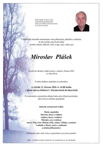 Smuteční oznámení – Miroslav Plášek