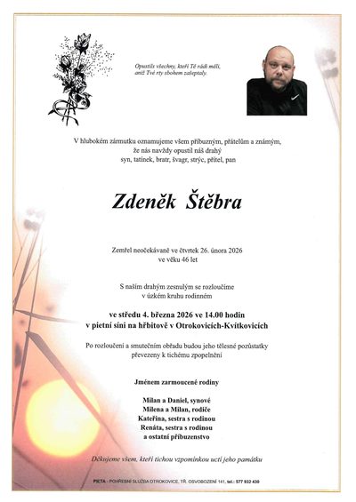 Smuteční oznámení – Zdeněk Štěbra