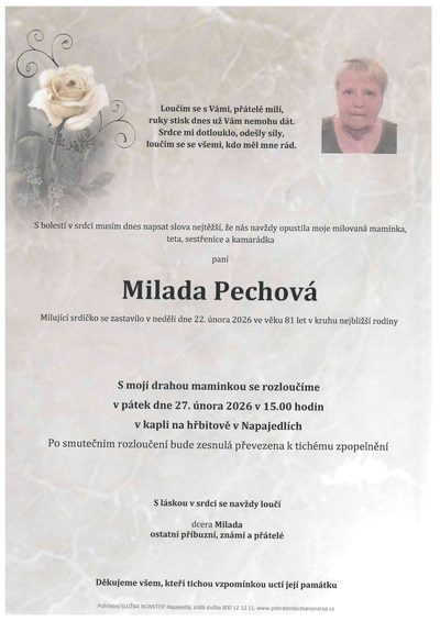 Smuteční oznámení – Milada Pechová
