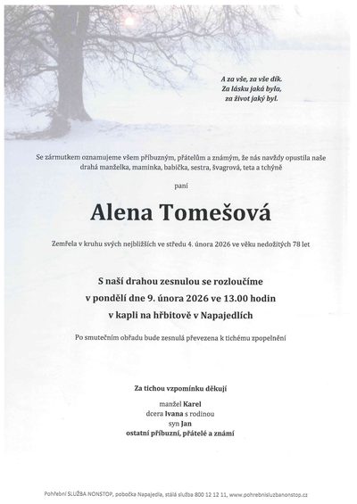 Smuteční oznámení – Alena Tomešová