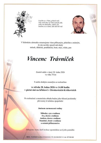 Smuteční oznámení – Vincenc Trávníček