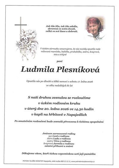 Smuteční oznámení – Ludmila Plesníková