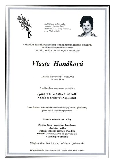 Smuteční oznámení – Vlasta Hanáková