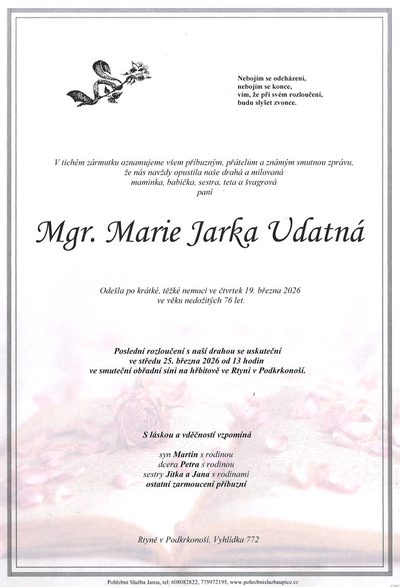 Smuteční oznámení – Marie Jarka Udatná