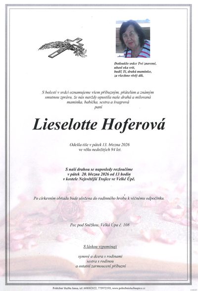 Smuteční oznámení – Lieselotte Hoferová