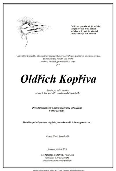 Smuteční oznámení – Oldřich Kopřiva